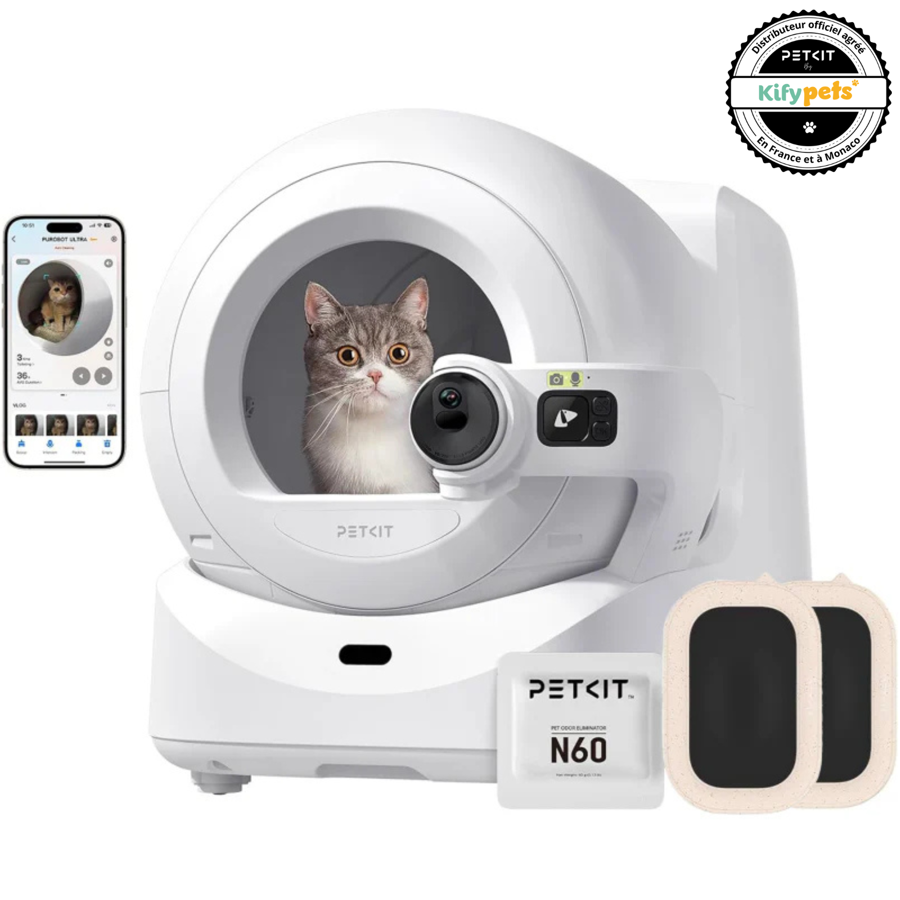 Purobot Ultra Litière automatique avec caméra rotative IA et emballage automatique des déchets